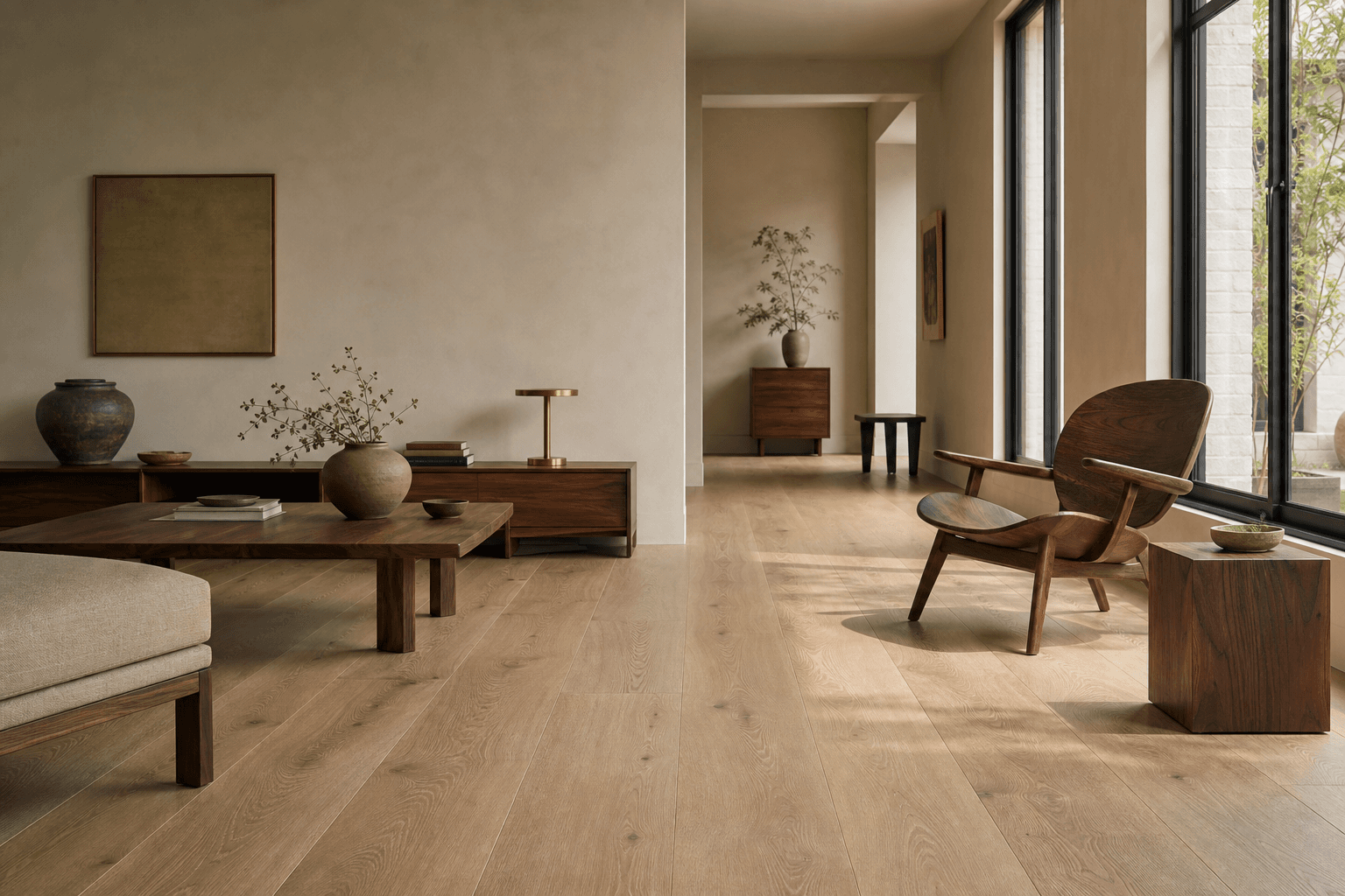 Warm, material-led interior with refined decorative surfaces