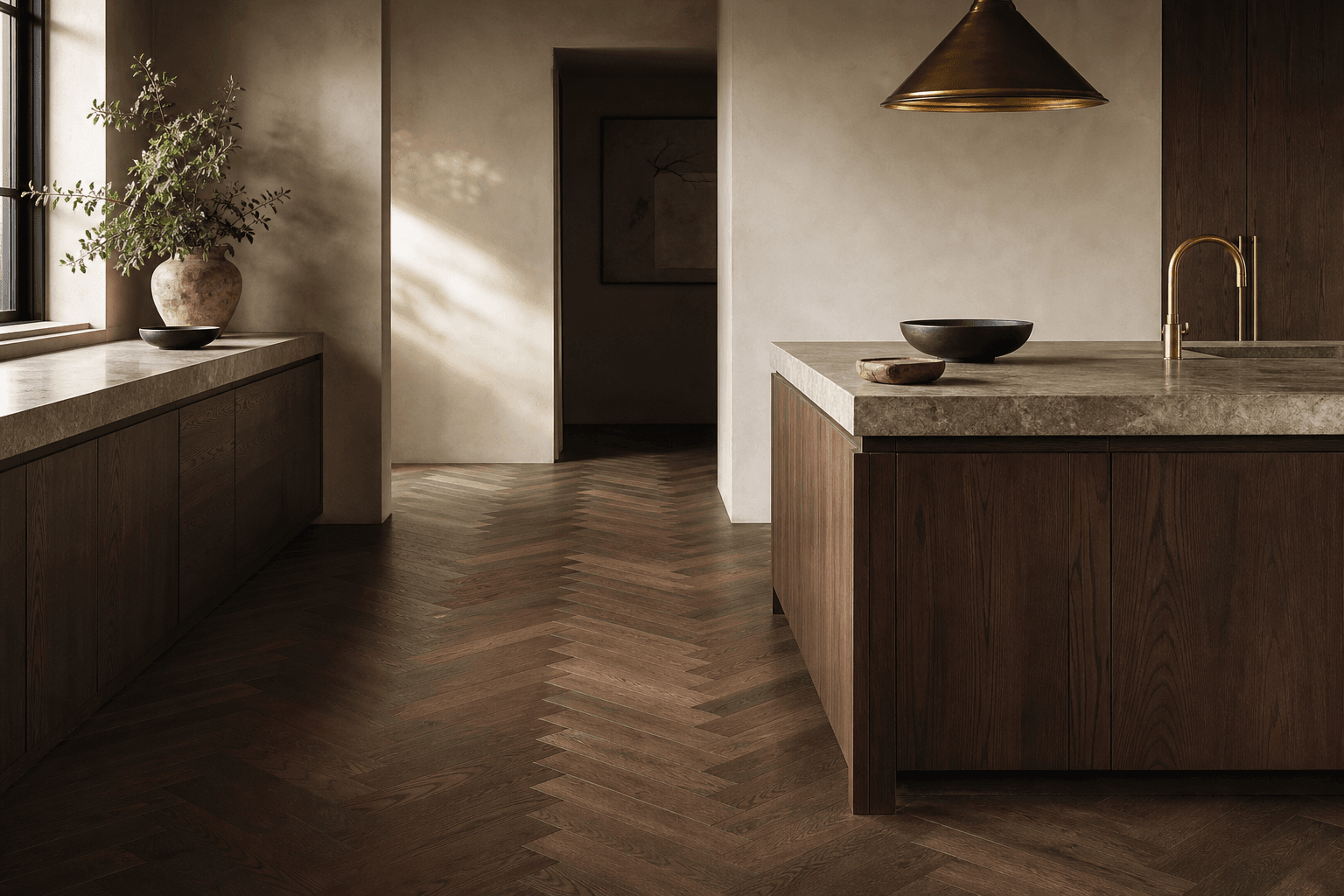 Refined interior with warm decorative wood surfaces