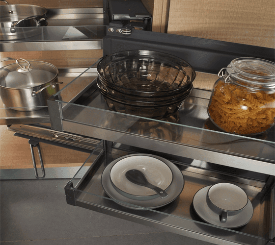Magic Corner SC Glass SS + Wood Base Basket